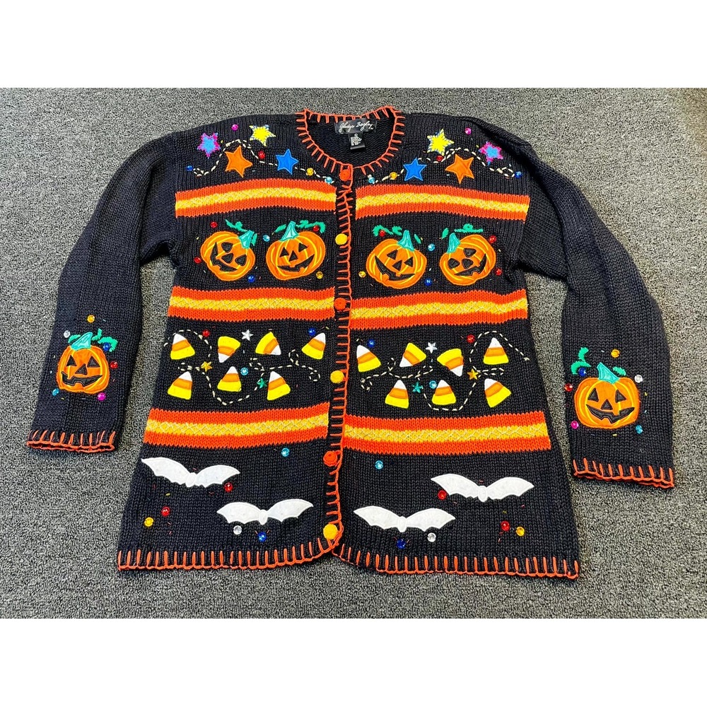 Vintage Gladys Bagley Halloween Cardigan Sweater Womens Large Charcoal Gray